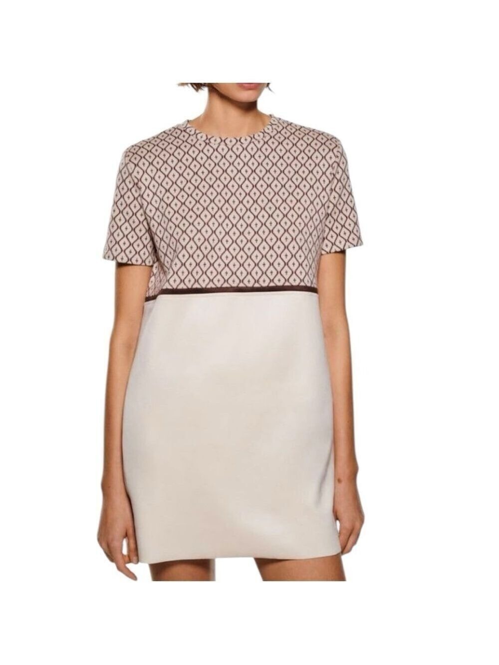 ZARA Combination Jacquard Short
Geometric Patterned Dress Cream Brown Sz XL